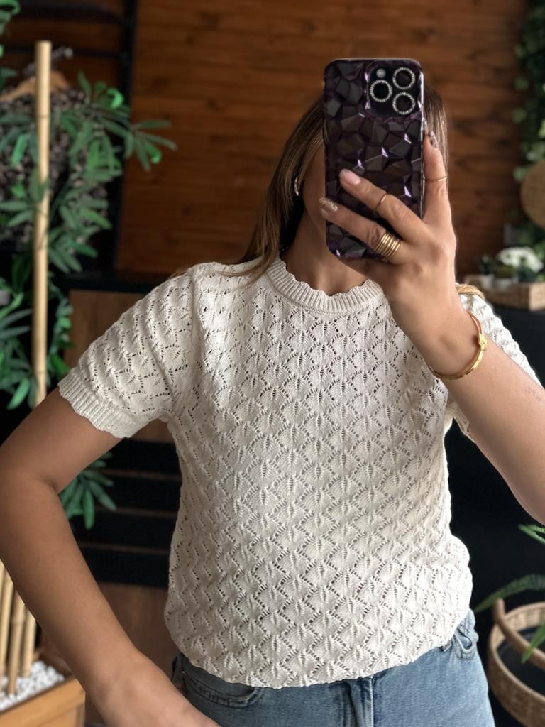 Orjinal Marka Yarım Kol Ajur Örme Triko Bluz