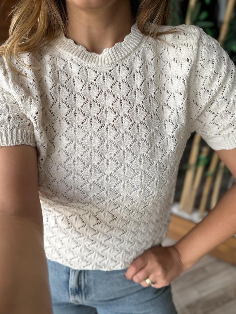 Orjinal Marka Yarım Kol Ajur Örme Triko Bluz