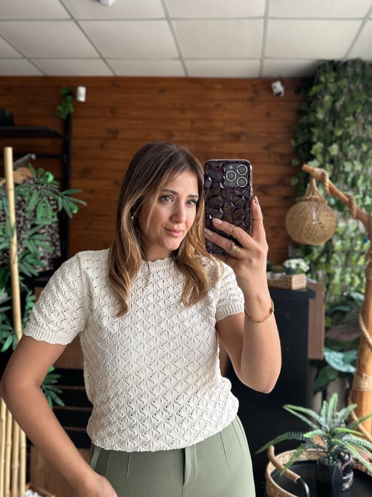 Orjinal Marka Yarım Kol Ajur Örme Triko Bluz