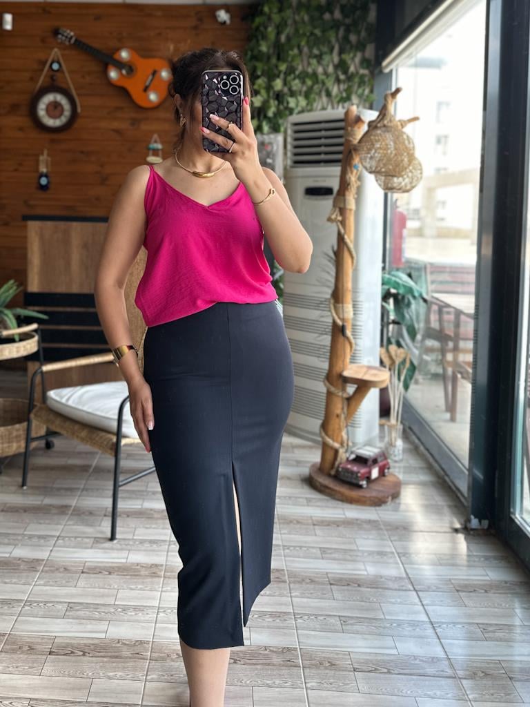 Orjinal Marka Yırtmaç Detay Midi Boy Etek Lacivert