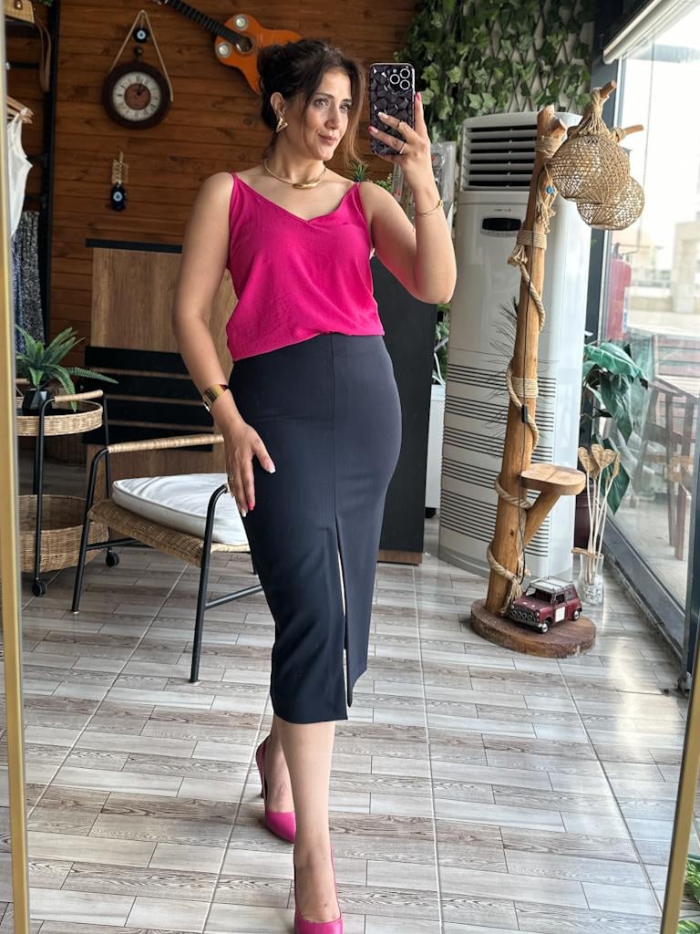 Orjinal Marka Yırtmaç Detay Midi Boy Etek Lacivert