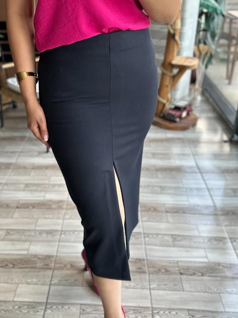 Orjinal Marka Yırtmaç Detay Midi Boy Etek Lacivert