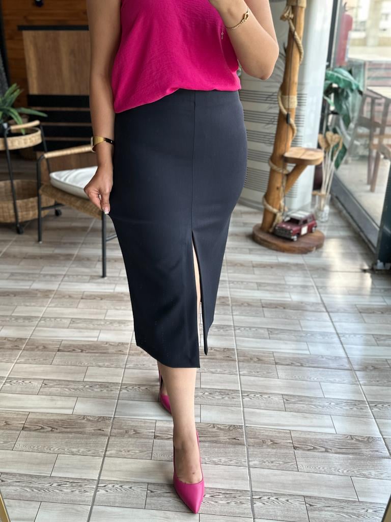 Orjinal Marka Yırtmaç Detay Midi Boy Etek Lacivert