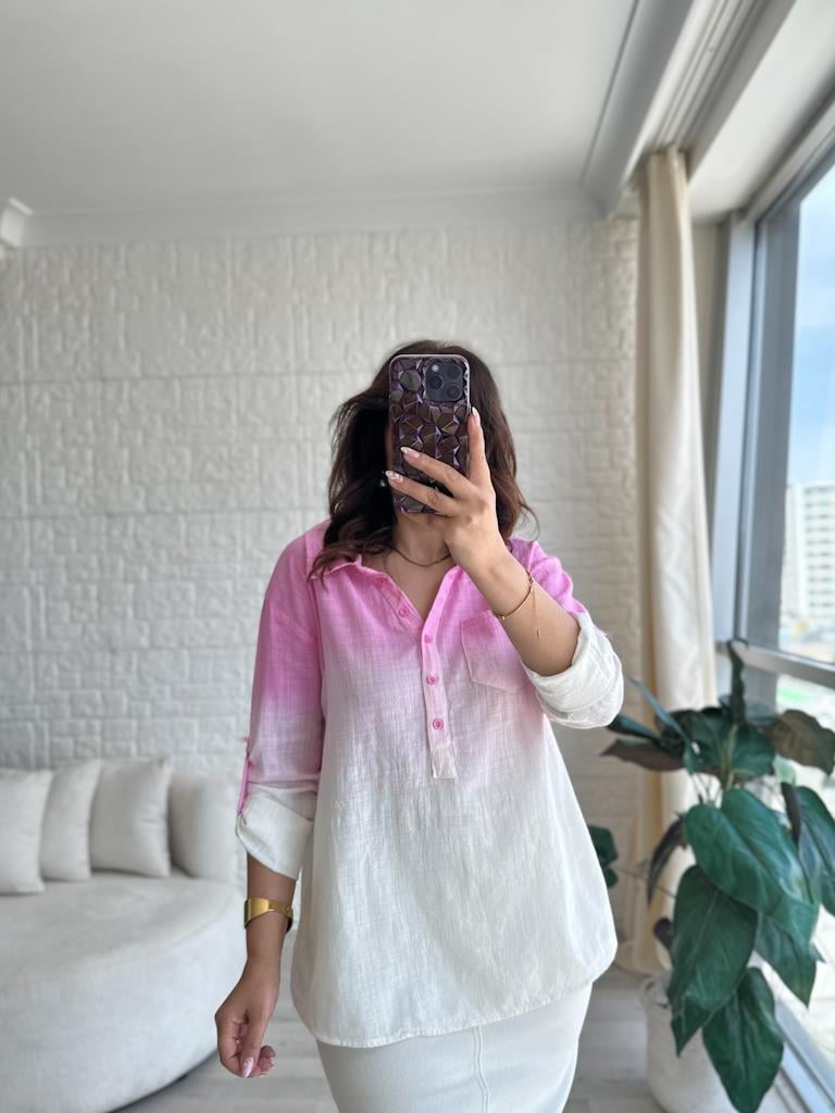 Otantik Batik Model Keten Gömlek Pembe