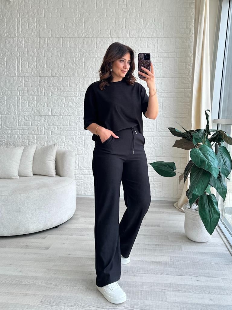 Overlok Dikişli Paris Pike Takım Siyah