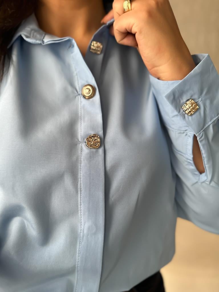 Oversize Gold Düğme Poplin Gömlek Mavi