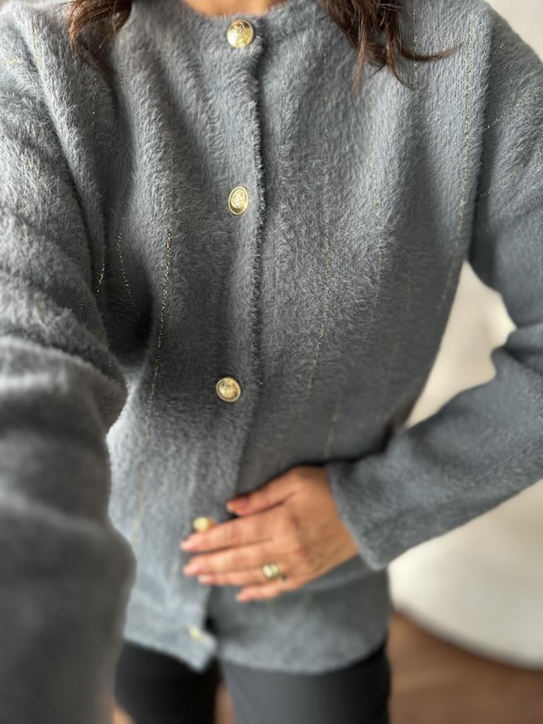 Oversize Gold Sim Çizgili Yumoş Hırka Gri