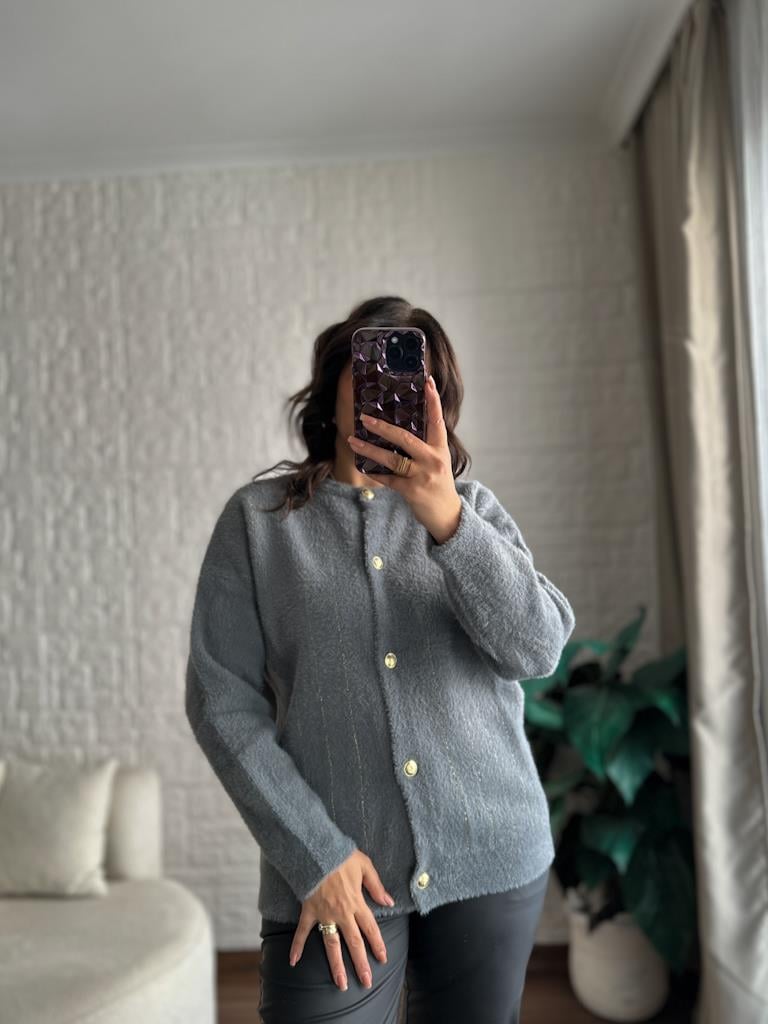 Oversize Gold Sim Çizgili Yumoş Hırka Gri