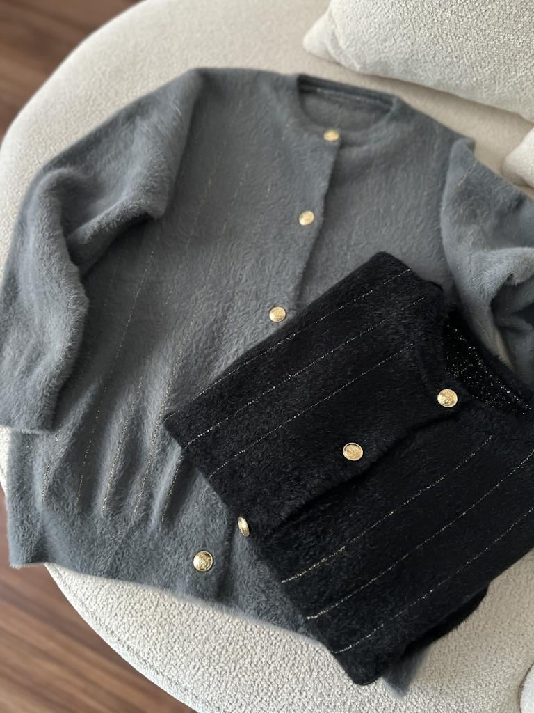 Oversize Gold Sim Çizgili Yumoş Hırka Gri