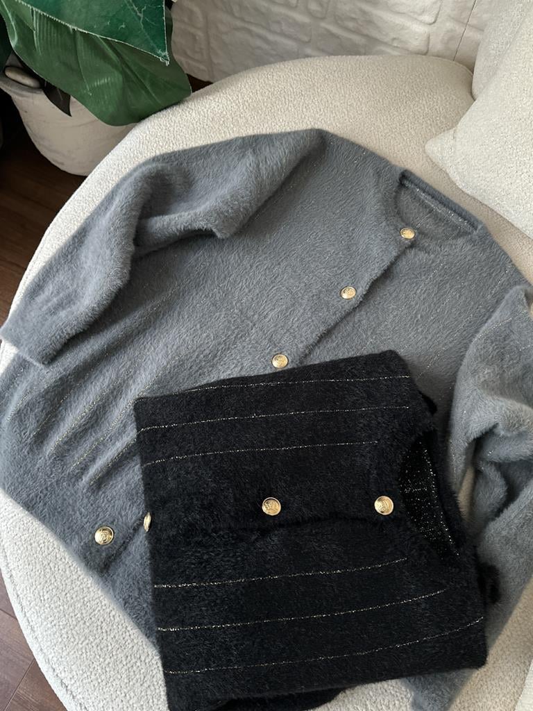 Oversize Gold Sim Çizgili Yumoş Hırka Gri