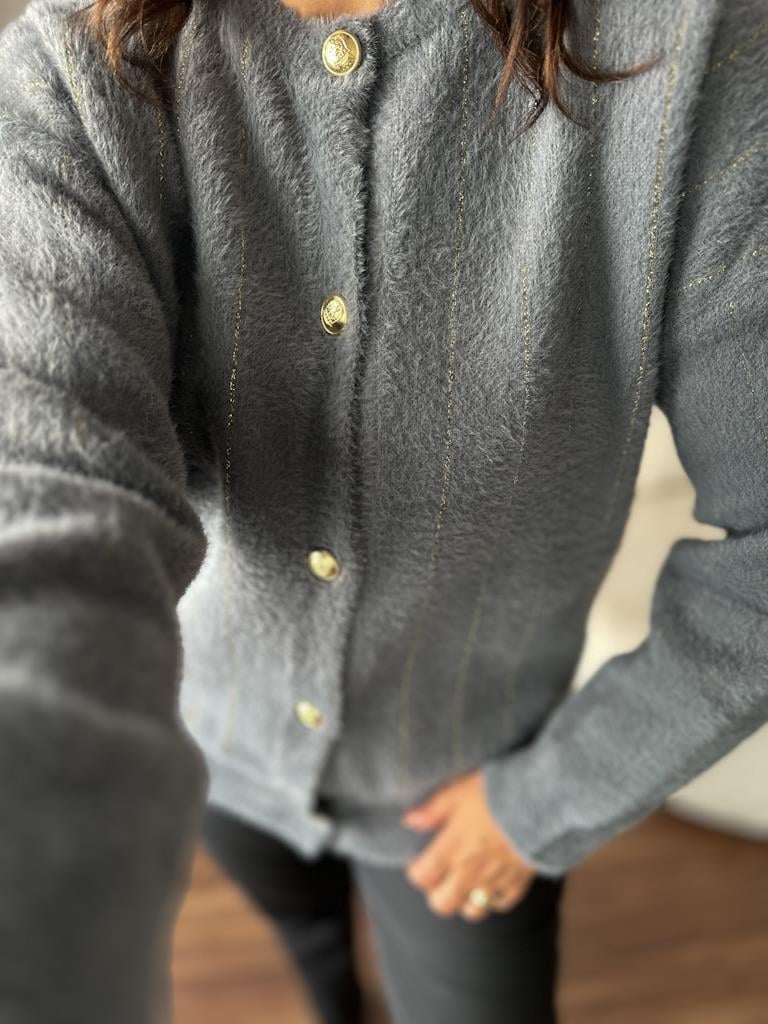 Oversize Gold Sim Çizgili Yumoş Hırka Gri
