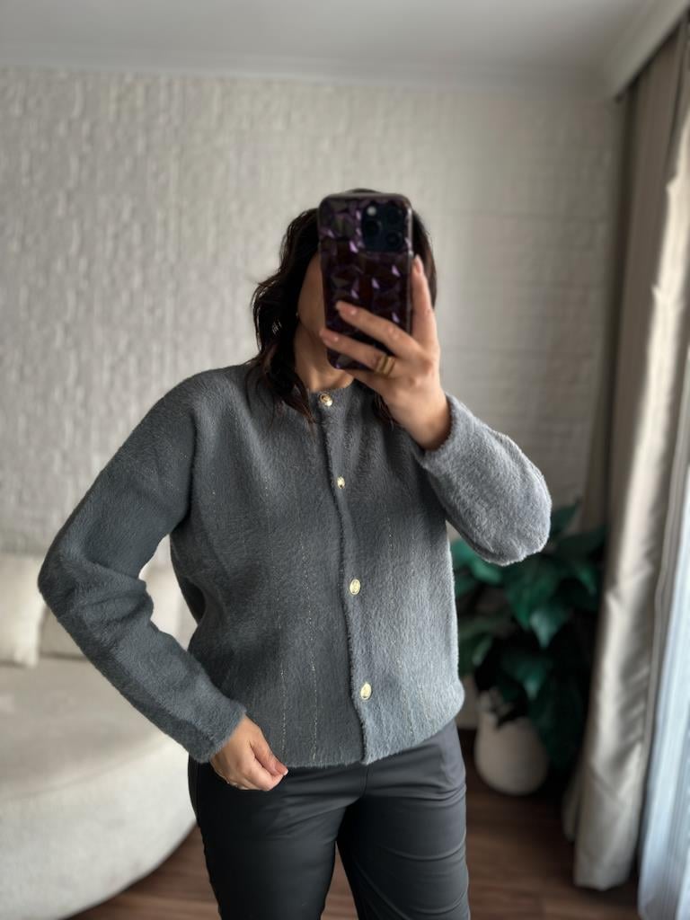 Oversize Gold Sim Çizgili Yumoş Hırka Gri