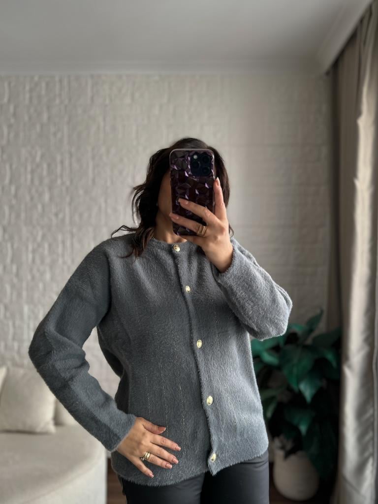 Oversize Gold Sim Çizgili Yumoş Hırka Gri