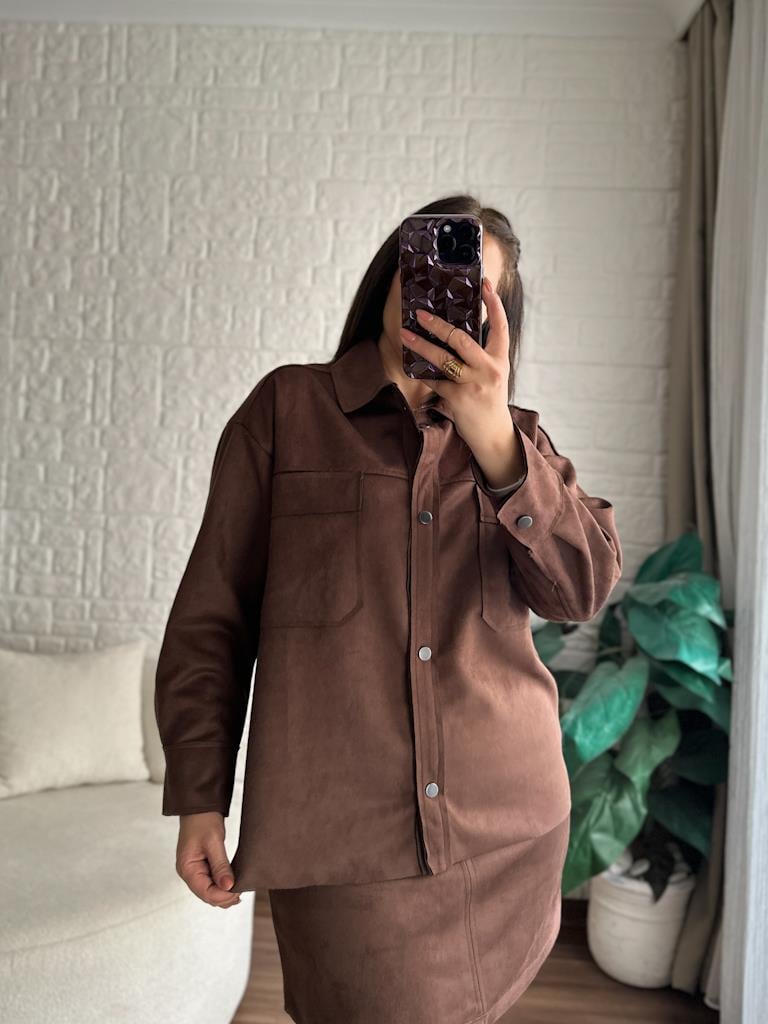 Oversize Salaş Nubuk Süet Ceket Gömlek Kahverengi