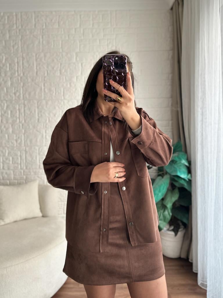 Oversize Salaş Nubuk Süet Ceket Gömlek Kahverengi