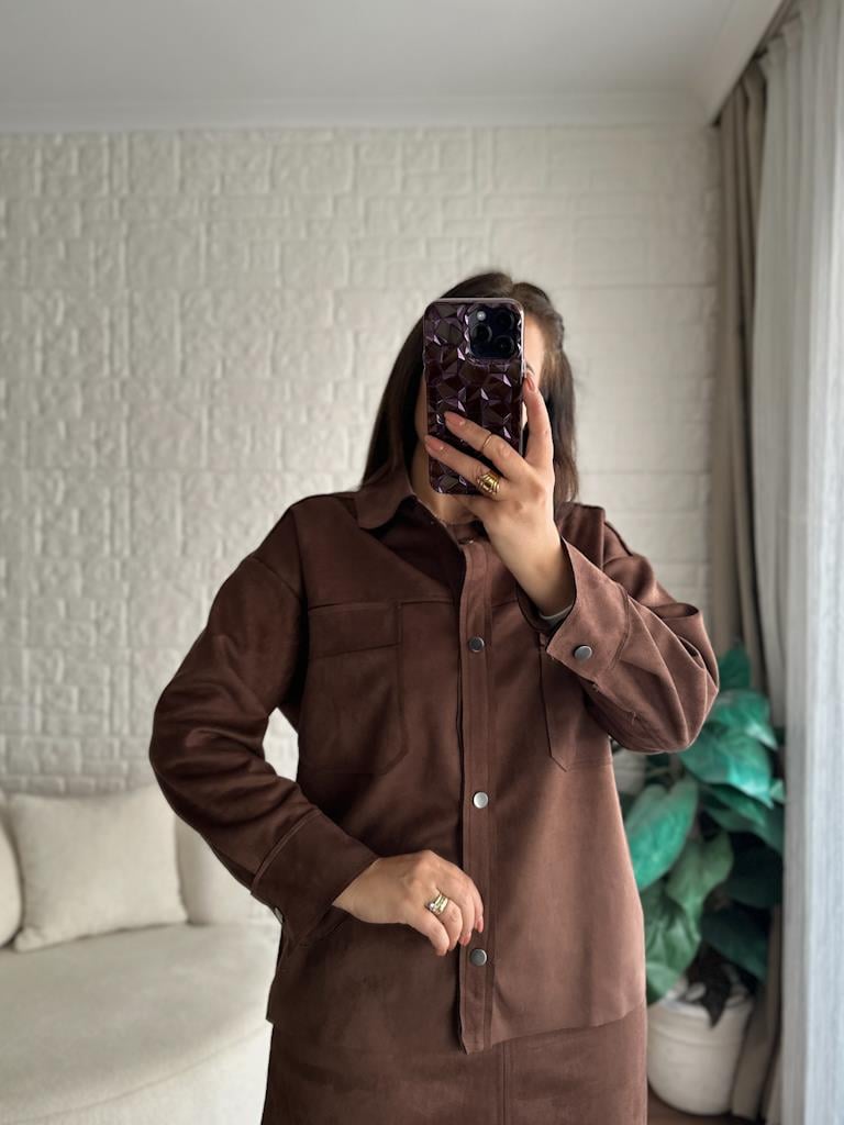 Oversize Salaş Nubuk Süet Ceket Gömlek Kahverengi