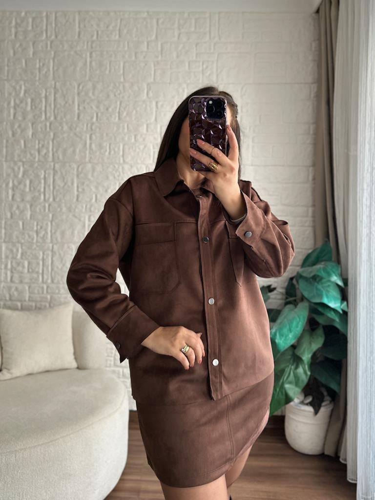 Oversize Salaş Nubuk Süet Ceket Gömlek Kahverengi