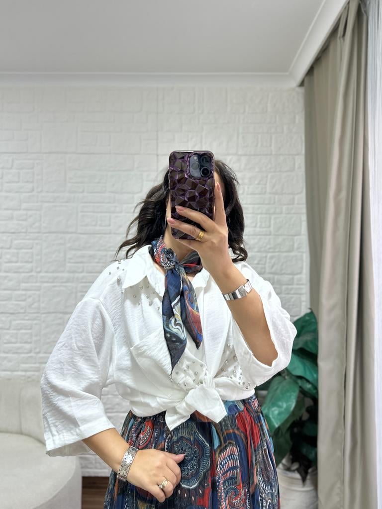 Oversize Taşlı Pamuk Keten Gömlek Beyaz