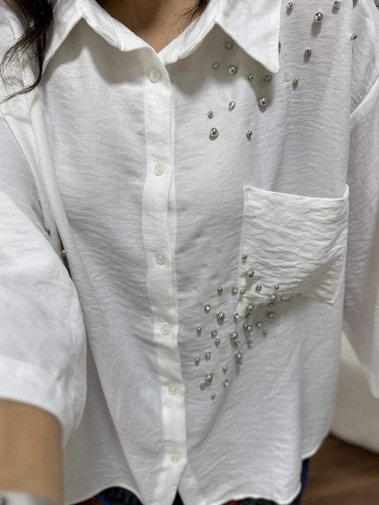 Oversize Taşlı Pamuk Keten Gömlek Beyaz