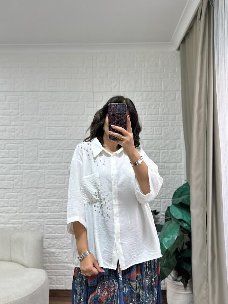 Oversize Taşlı Pamuk Keten Gömlek Beyaz