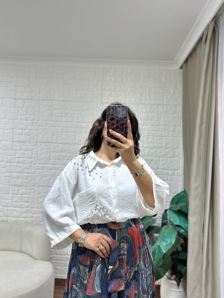 Oversize Taşlı Pamuk Keten Gömlek Beyaz