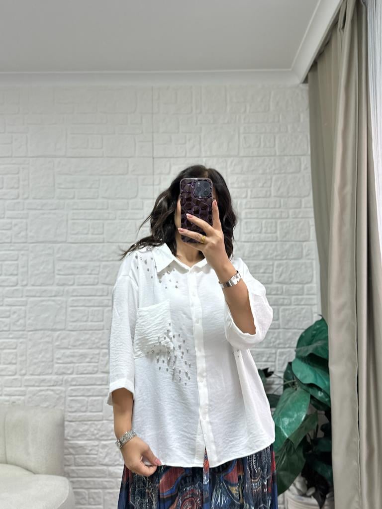 Oversize Taşlı Pamuk Keten Gömlek Beyaz