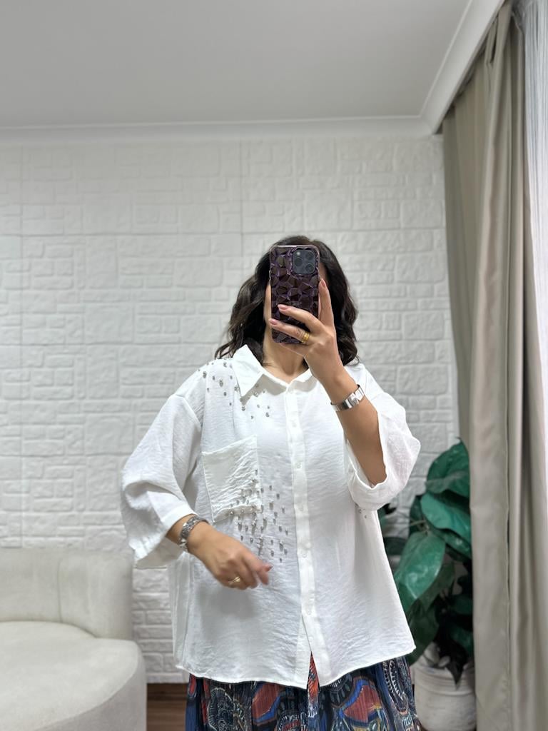 Oversize Taşlı Pamuk Keten Gömlek Beyaz