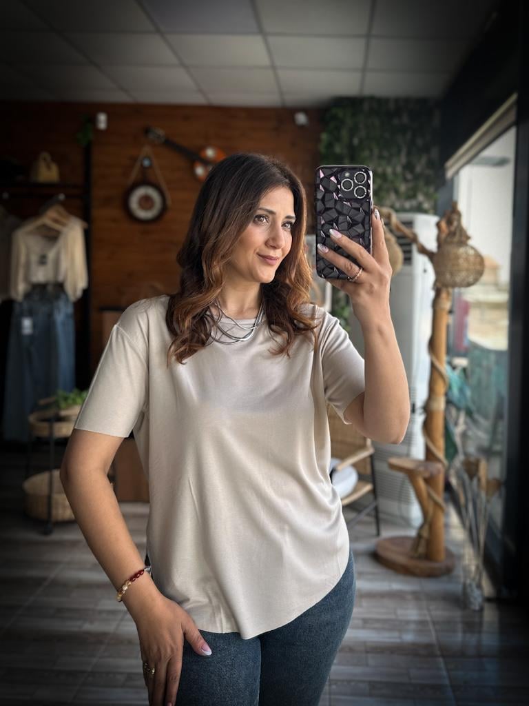 Oysh Modal Kumaş Basic Tshirt Bej