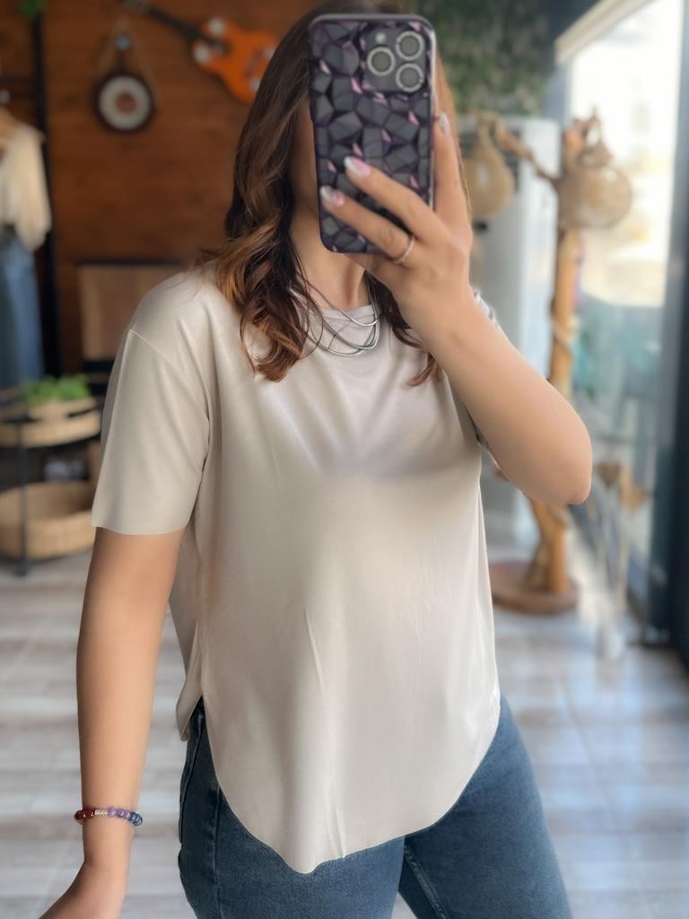 Oysh Modal Kumaş Basic Tshirt Bej