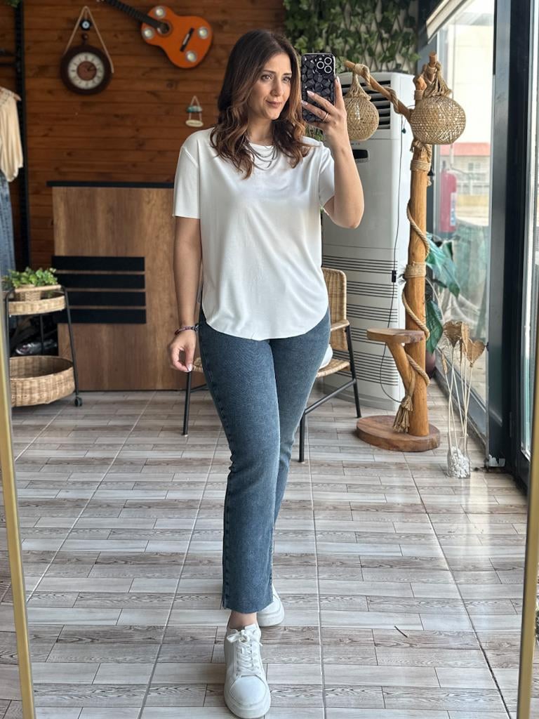 Oysh Modal Kumaş Basic Tshirt Krem