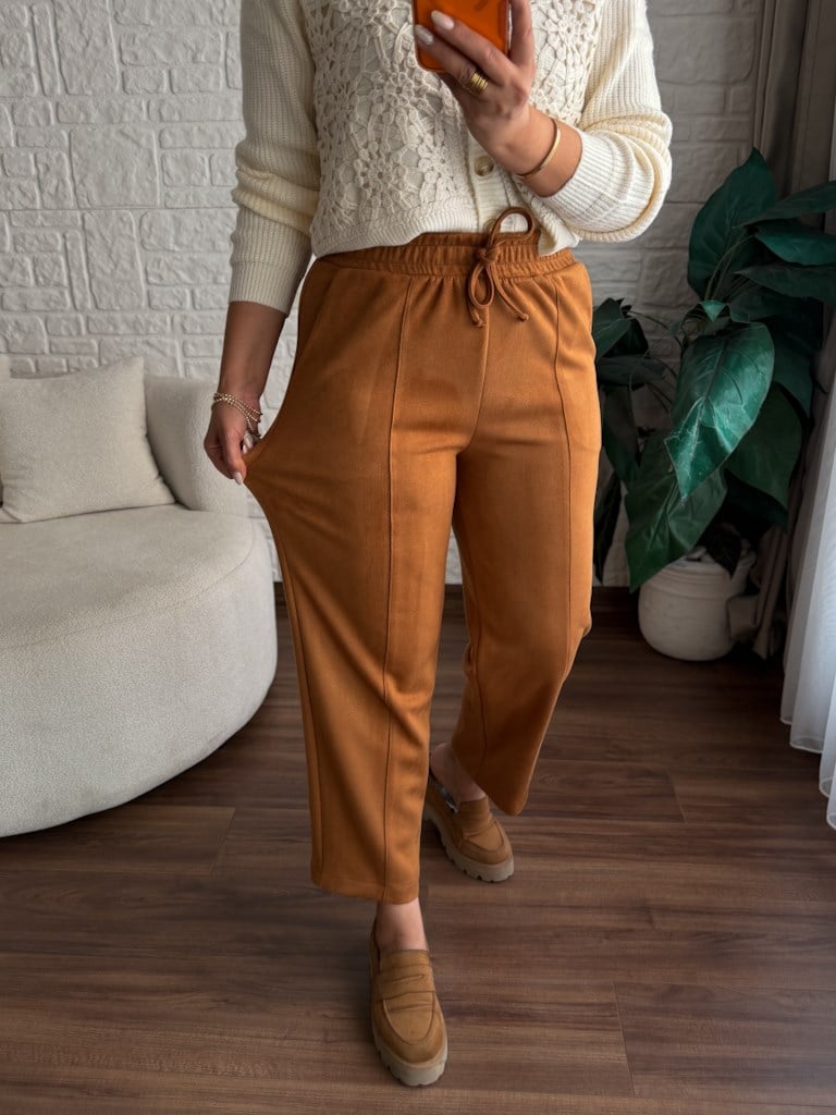 Özel Üretim Beli Lastikli Çıma Dikişli Nubuk Pantolon Taba