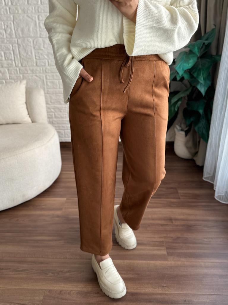 Özel Üretim Beli Lastikli Çıma Dikişli Nubuk Pantolon Taba