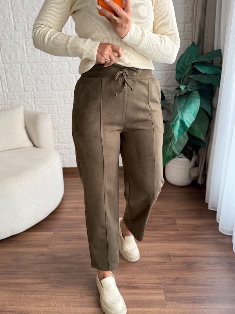 Özel Üretim Beli Lastikli Çıma Dikişli Nubuk Pantolon Haki