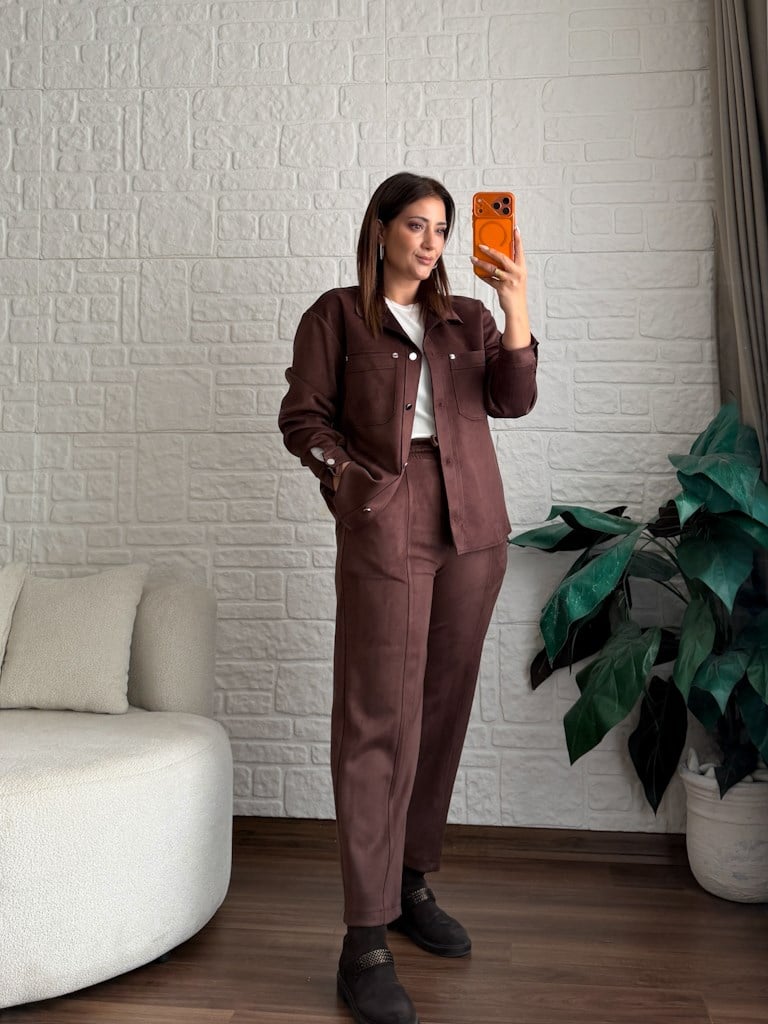 Özel Üretim Beli Lastikli Çıma Dikişli Nubuk Pantolon Kahverengi