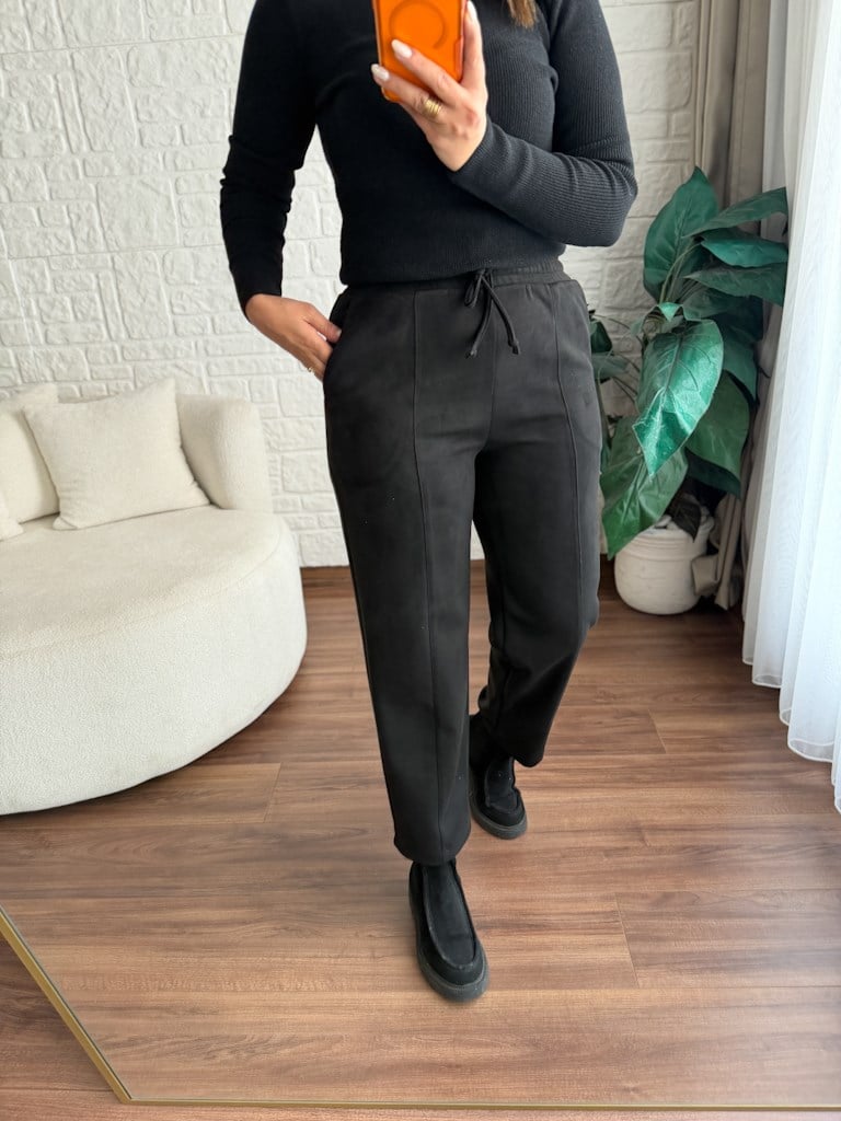 Özel Üretim Beli Lastikli Çıma Dikişli Nubuk Pantolon Siyah