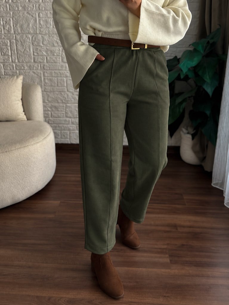 Özel Üretim Beli Lastikli Çıma Dikişli Nubuk Pantolon Haki