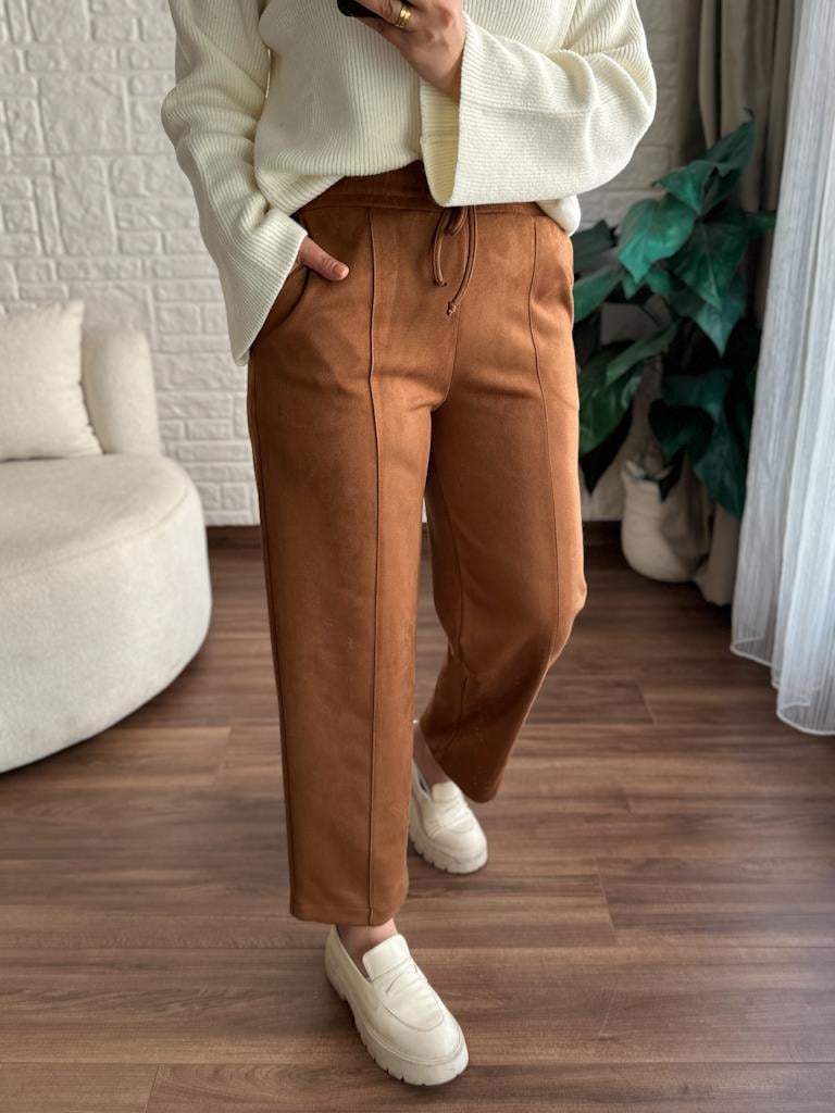 Özel Üretim Beli Lastikli Çıma Dikişli Nubuk Pantolon Taba