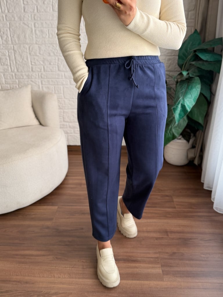 Özel Üretim Beli Lastikli Çıma Dikişli Nubuk Pantolon Lacivert