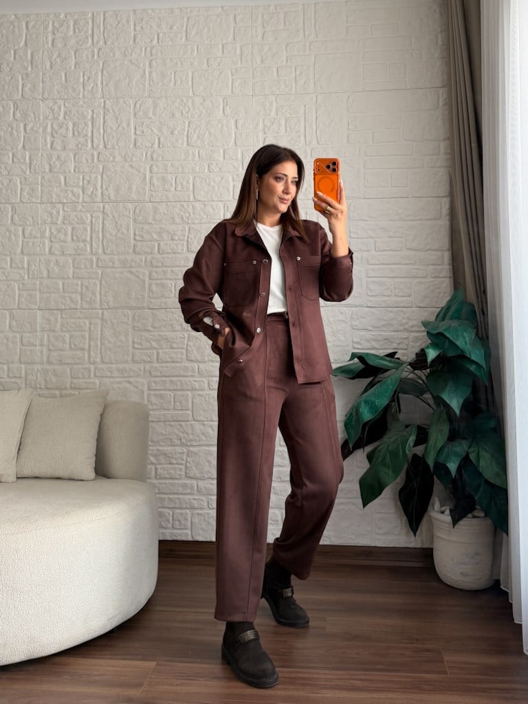 Özel Üretim Beli Lastikli Çıma Dikişli Nubuk Pantolon Kahverengi