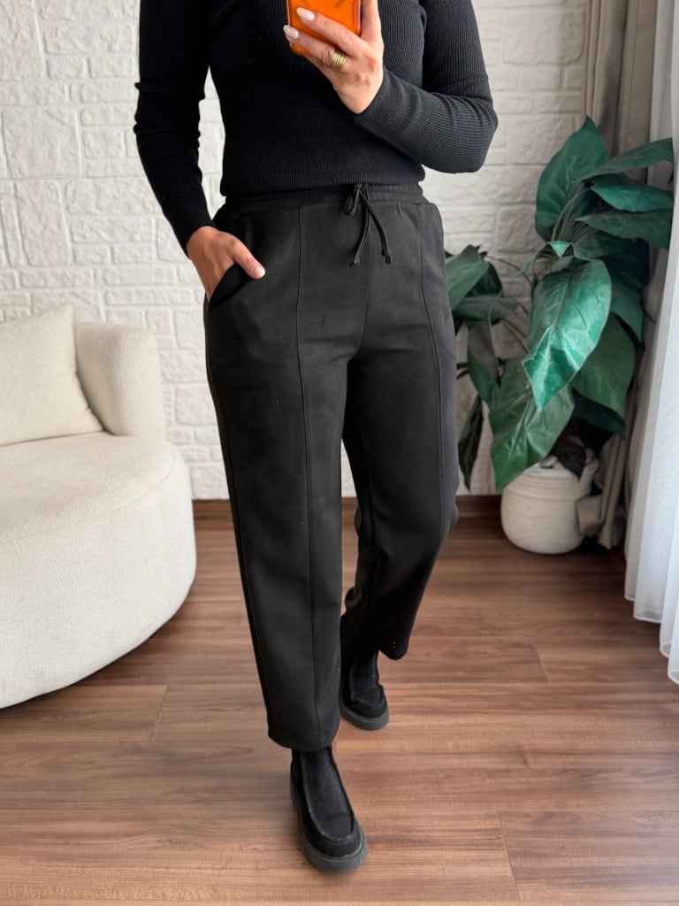 Özel Üretim Beli Lastikli Çıma Dikişli Nubuk Pantolon Siyah