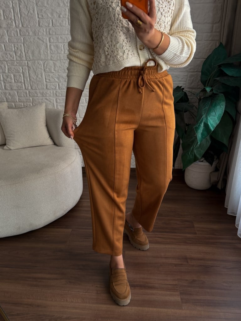 Özel Üretim Beli Lastikli Çıma Dikişli Nubuk Pantolon Taba
