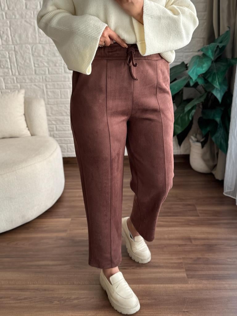 Özel Üretim Beli Lastikli Çıma Dikişli Nubuk Pantolon Kahverengi