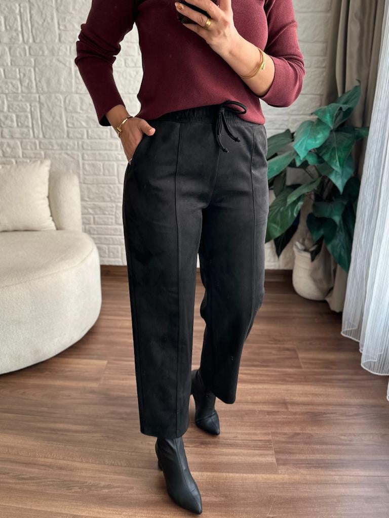 Özel Üretim Beli Lastikli Çıma Dikişli Nubuk Pantolon Siyah