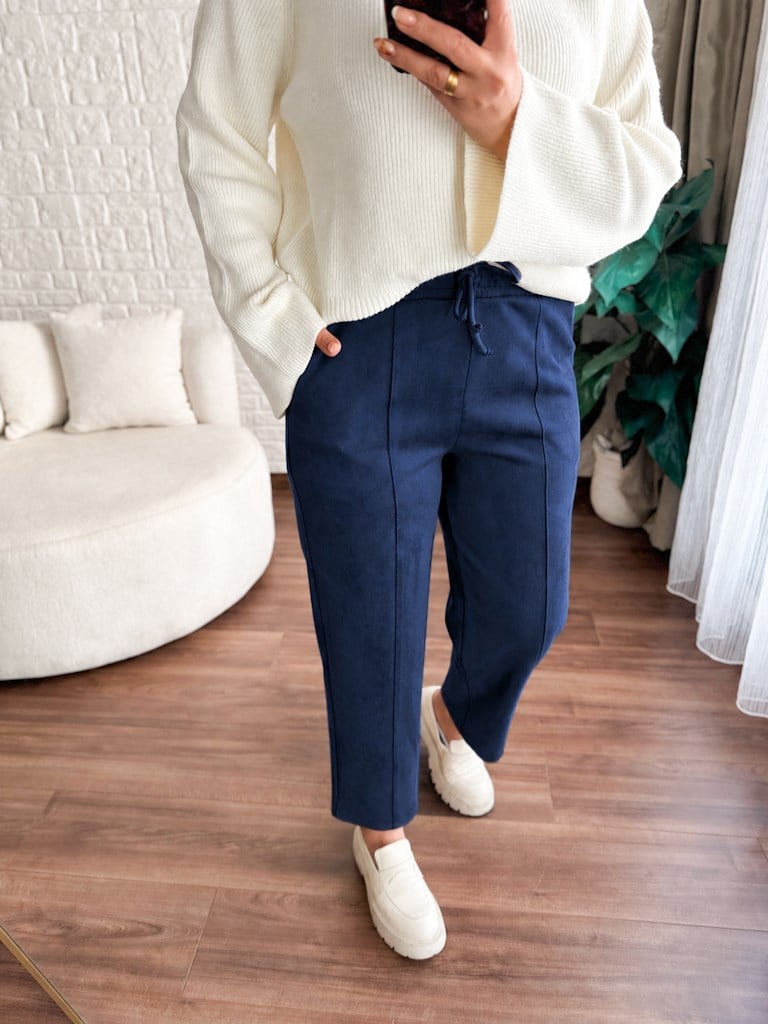 Özel Üretim Beli Lastikli Çıma Dikişli Nubuk Pantolon Lacivert