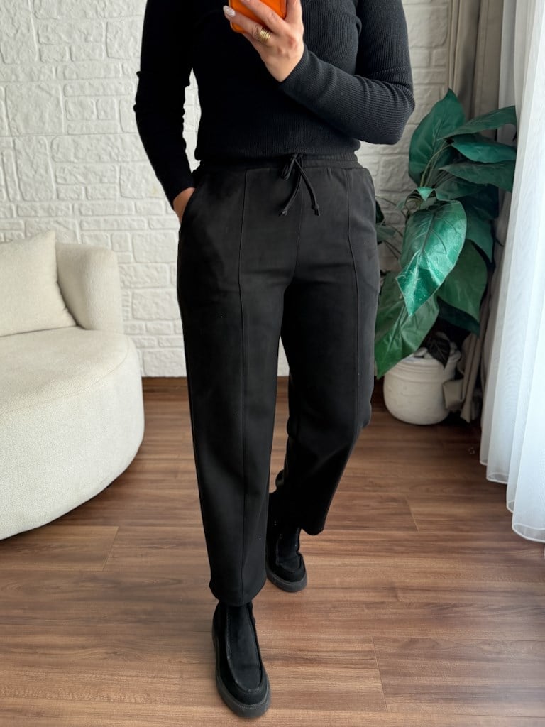 Özel Üretim Beli Lastikli Çıma Dikişli Nubuk Pantolon Siyah