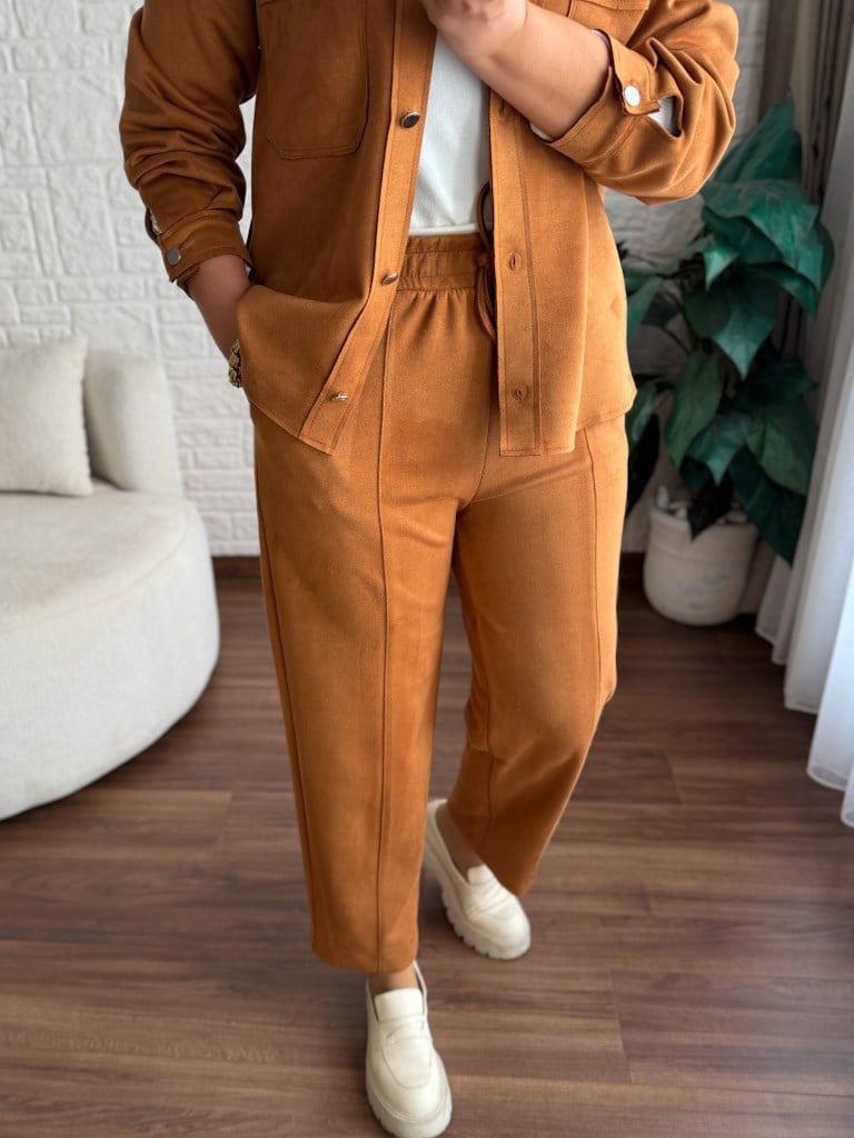 Özel Üretim Beli Lastikli Çıma Dikişli Nubuk Pantolon Taba
