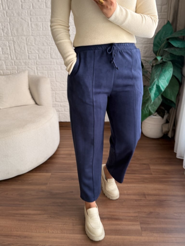 Özel Üretim Beli Lastikli Çıma Dikişli Nubuk Pantolon Lacivert