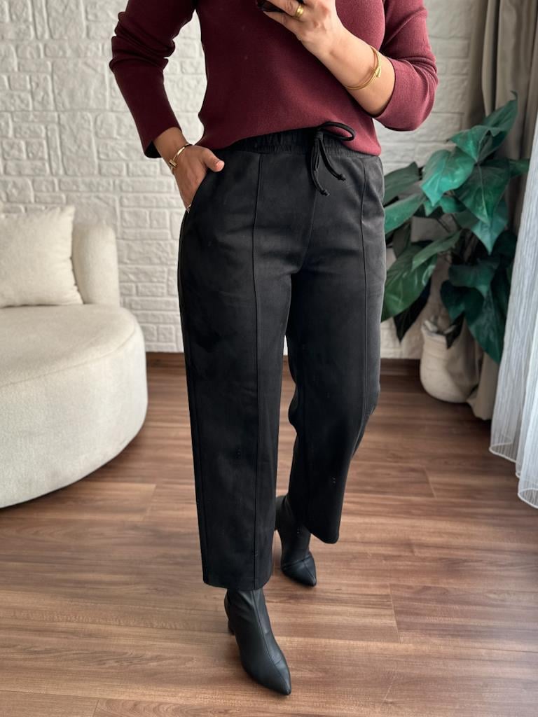 Özel Üretim Beli Lastikli Çıma Dikişli Nubuk Pantolon Siyah