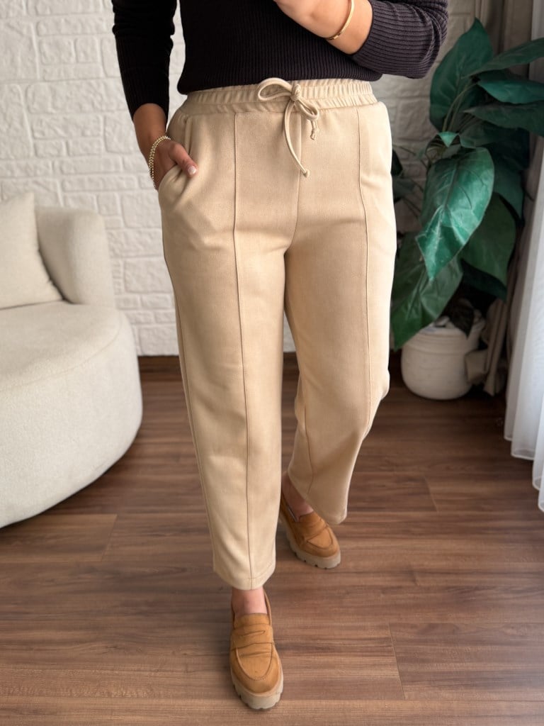 Özel Üretim Beli Lastikli Çıma Dikişli Nubuk Pantolon Bej