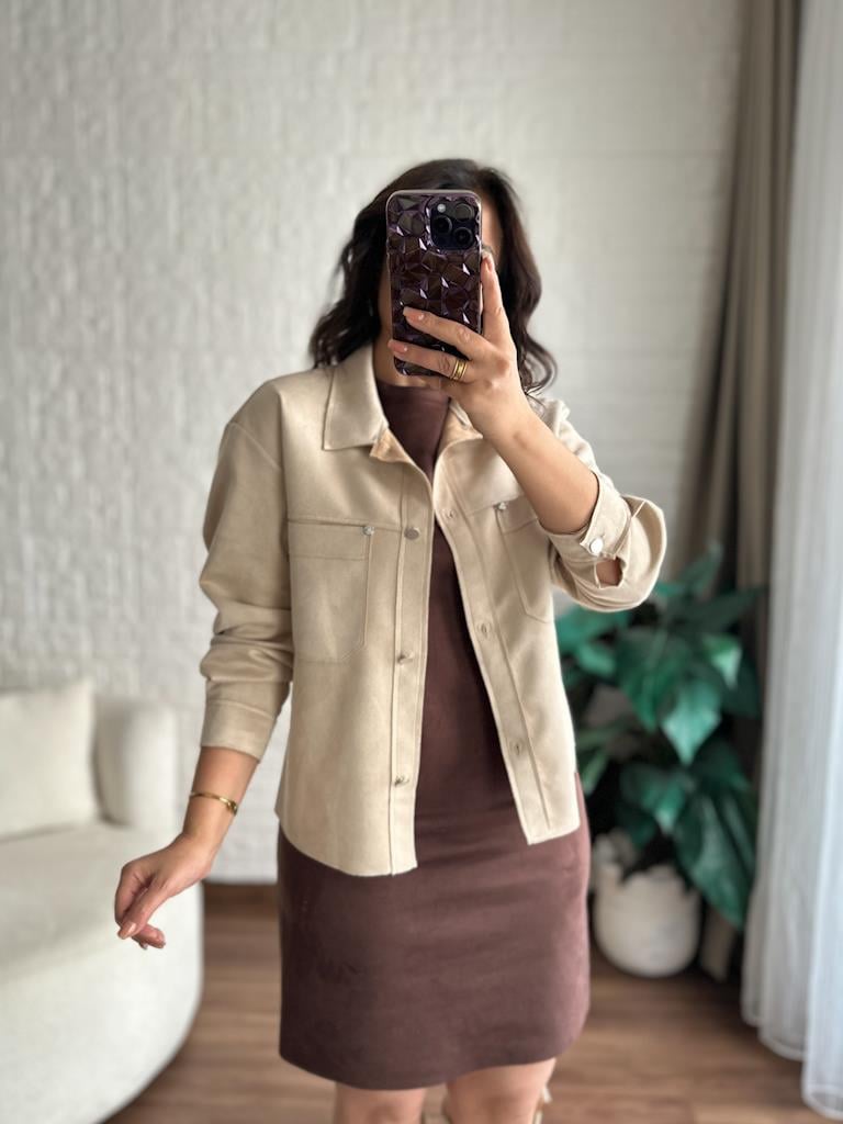 Özel Üretim Süet Over Size Ceket Gömlek Bej